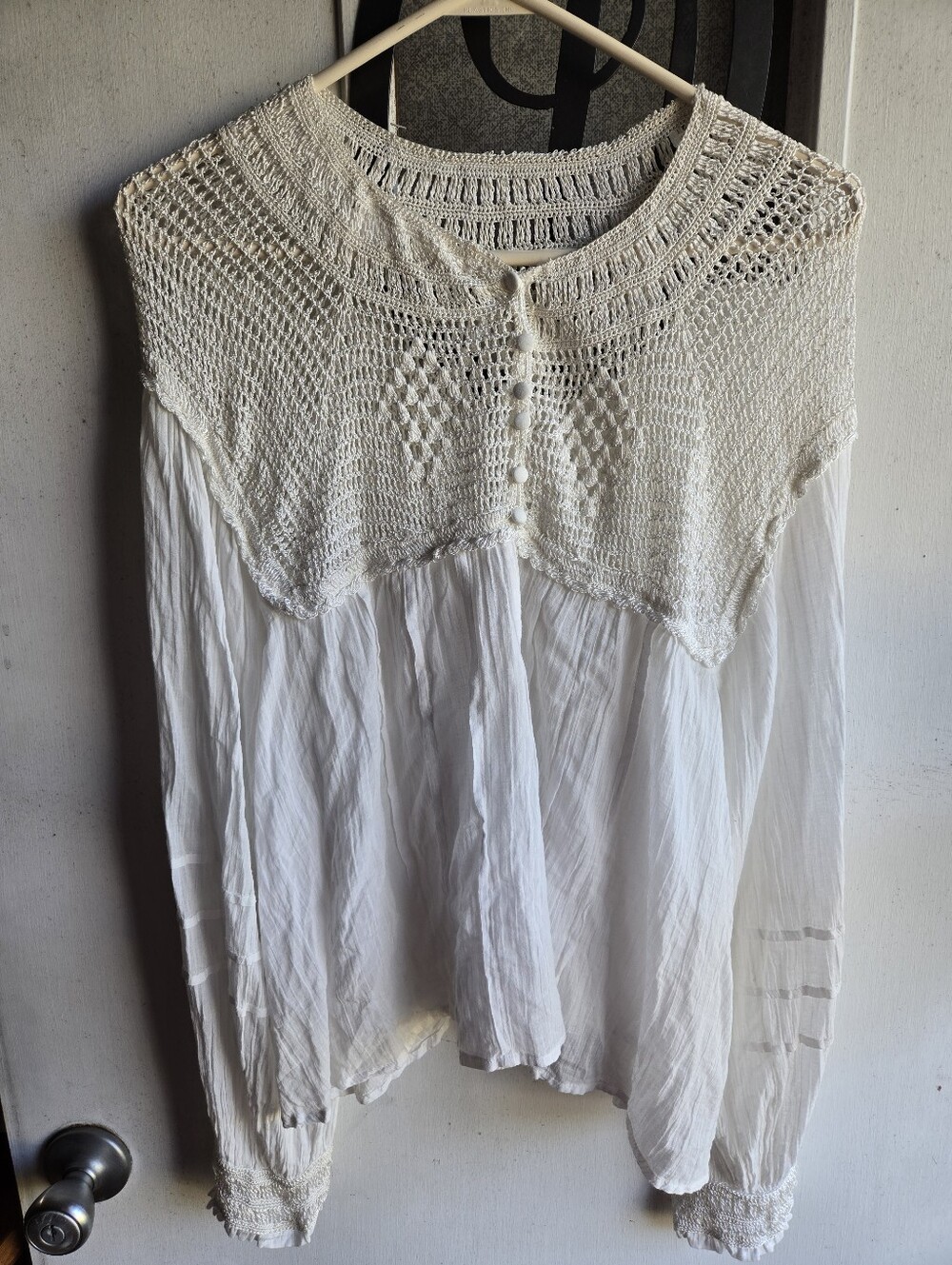Free People White Crochet Yoke Long-Sleeve Women’s Top